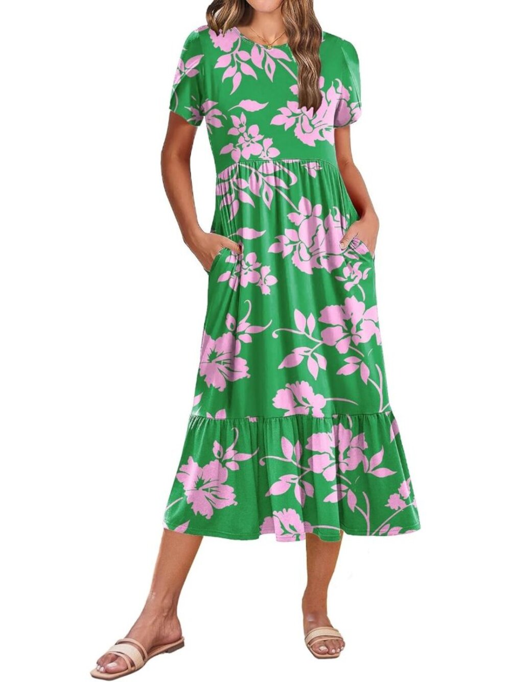 Summer Midi A-Line Dress for Women - Short Sleeve, Flowy, Tiered, Pockets, Beach
